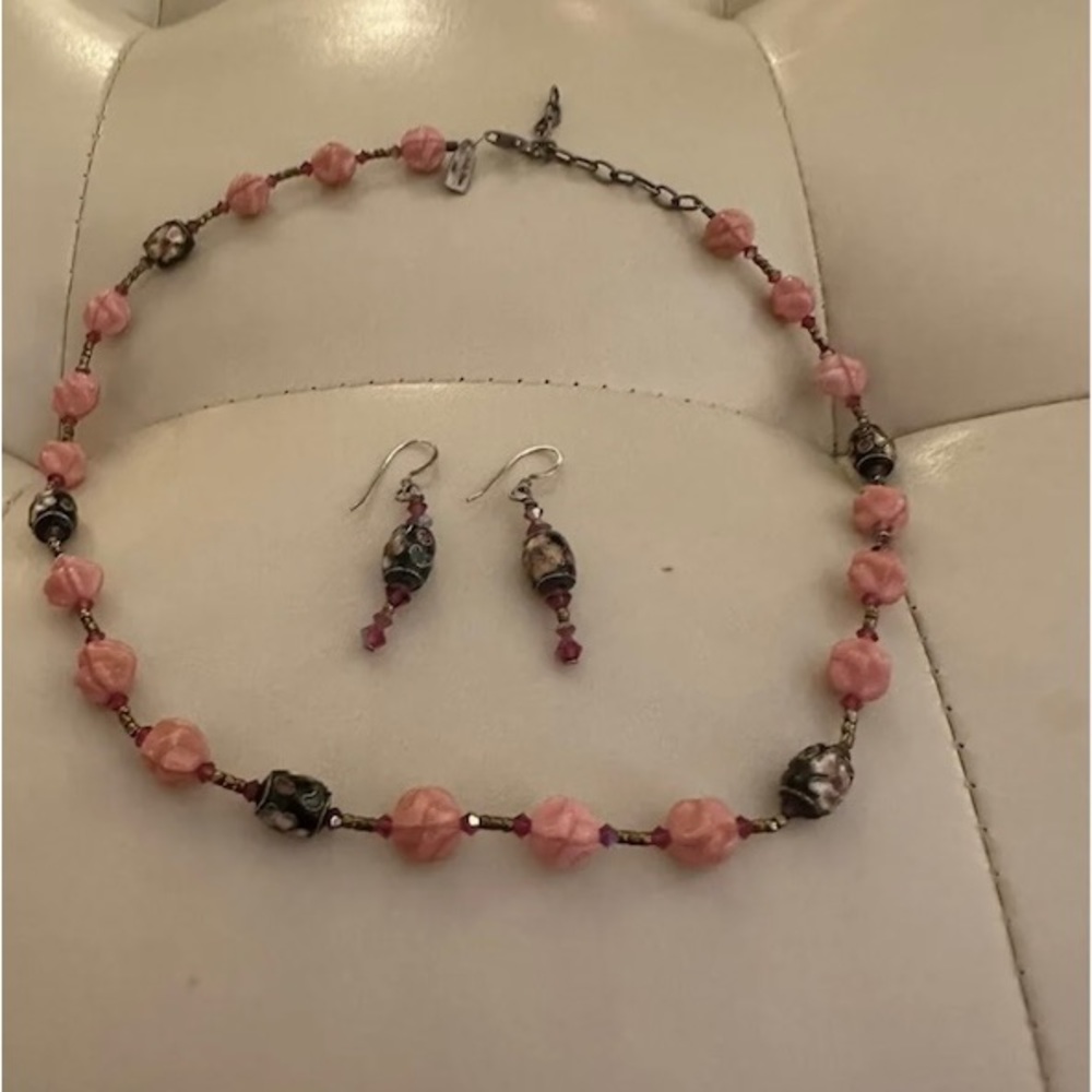 Vintage Mary Millsaps Pink Faceted Beaded Necklace With Earrings